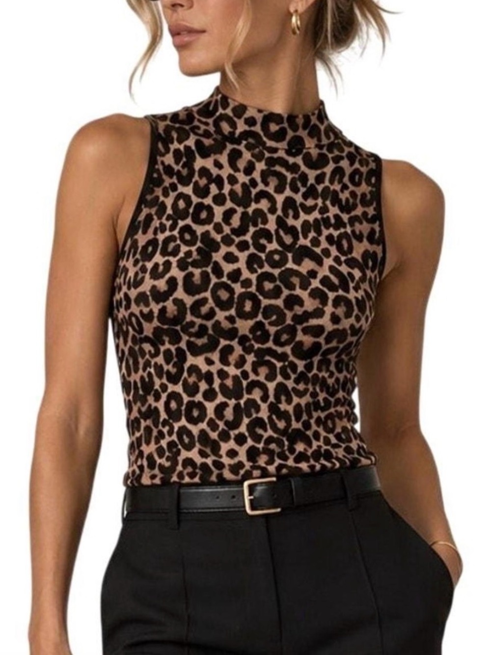 Milly Leopard Print Mock Neck Tank Top - Brown/Black